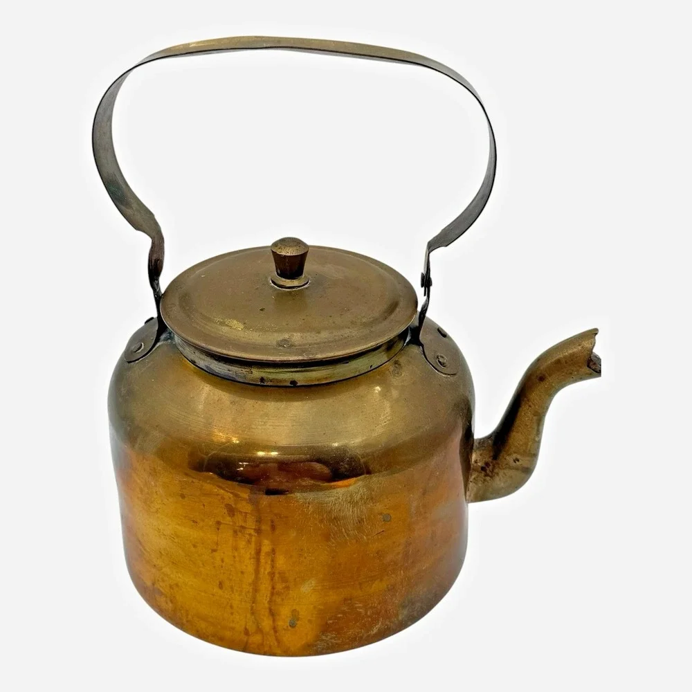 Brass Tea Kettle Primitive Farmhouse Cottage Cabin Rustic Kitchen Decor Vintage